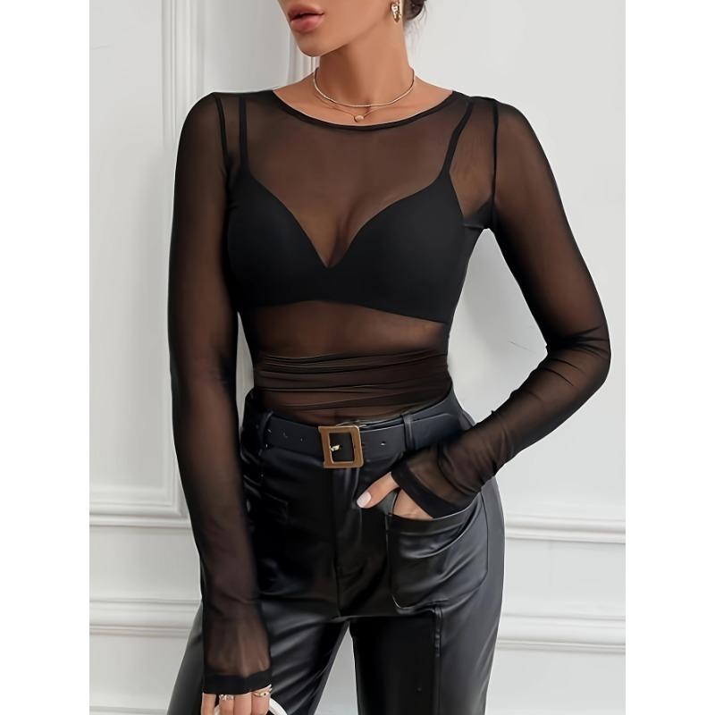 Женские однотонные сетчатые топы с короткими вставками и прозрачным низом