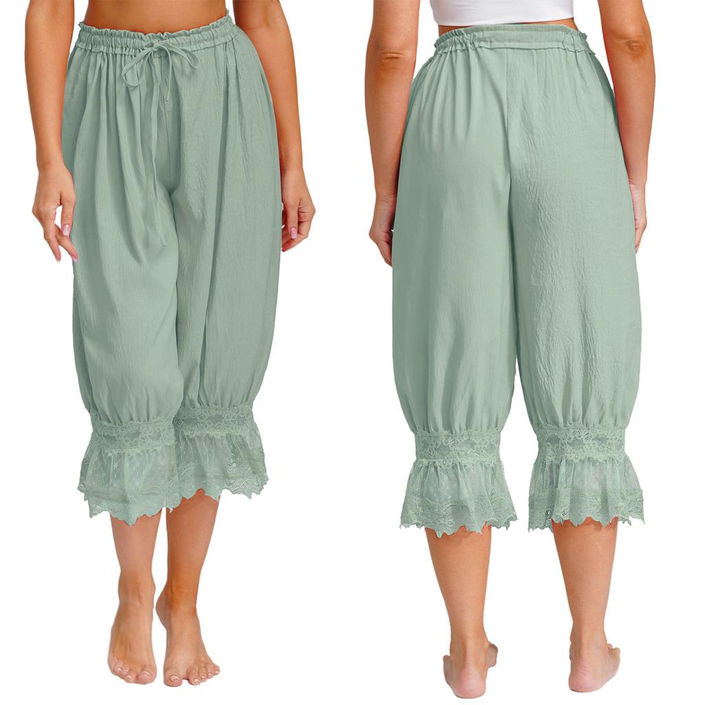 S-L Womens Lace Trim Long Bloomers Loungewear Elastic Waist with Drawstring Loose Harem Pants Medieval Pirate Pantaloons Midi Pants
