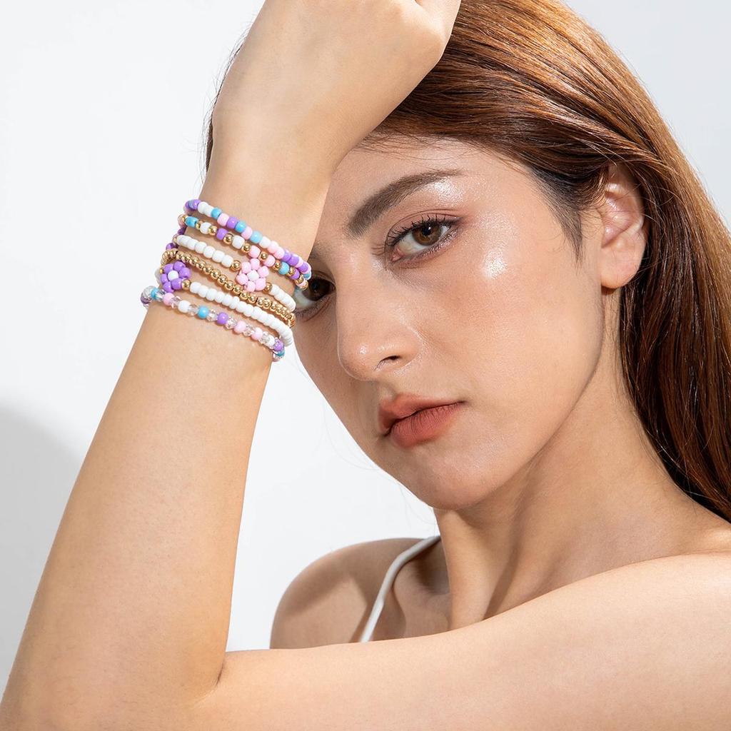 6PCS New Sweet and Cute Colored Rice Bead Small Flower Bracelet Women's Jewelry Dopamine Style Travel Daily Matching Bracelet