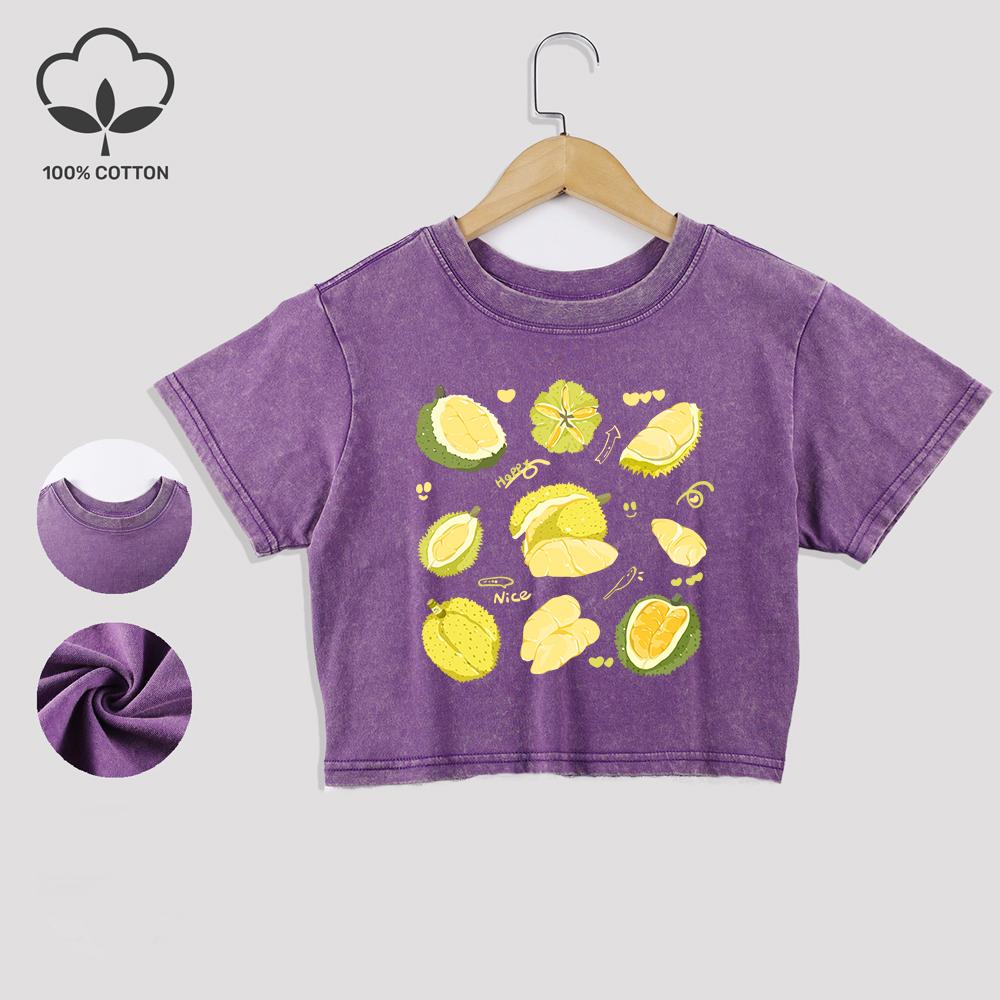 Вкусная хлопковая футболка с принтом дуриана, стиранная, трендовая, летняя, с кружевным подолом, кроп-топ, с круглым вырезом, обычного кроя, топы, повседневная женская одежда