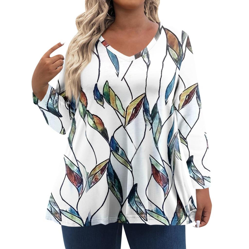 Женские топы больших размеров с длинным рукавом и принтом, рубашки с V-образным вырезом, повседневная одежда, топы