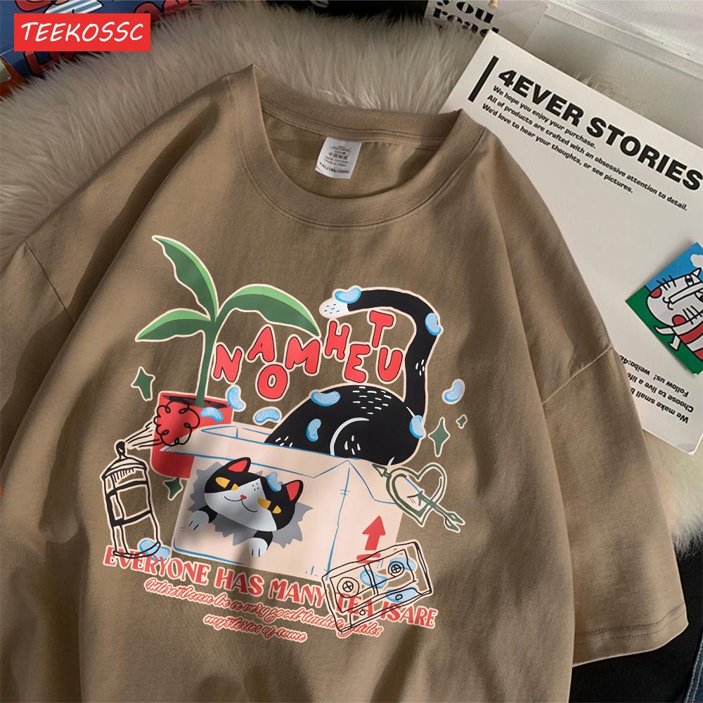 Street Cotton Womans T-Shirts Retro Cartoon Cat Printing Tops Oversize O-Neck Soft Short Sleeve Summer Casual Female Clothes