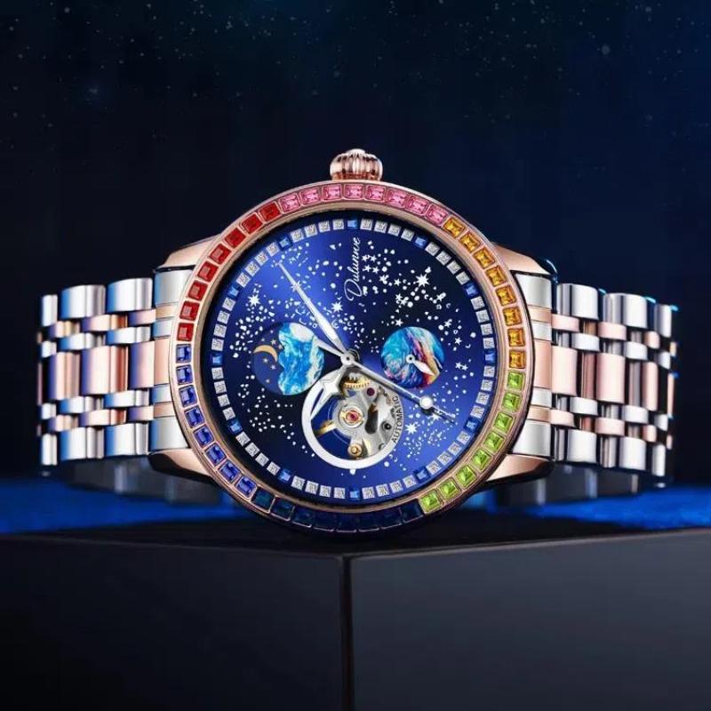 Dulunwe Business Skeleton Tourbillon Automatic Self-Winding Mechanical Watches Trend Fashion Color Diamond Sky Dial Men Watch Waterproof