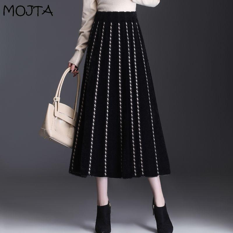 Women's Autumn Winter Midi Knitted Skirt Female Skirt High Waist Thicken Solid Slim Mid-length A-line Pleated Skirt