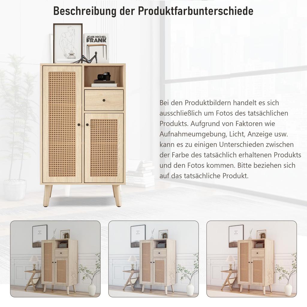 Chest of Drawers Doors, Drawers, Open Storage Compartments, Modern Highboard Made of Wood Rattan Doors, Bedroom, Living Rooms, Office, Oak, 60x40x101cm