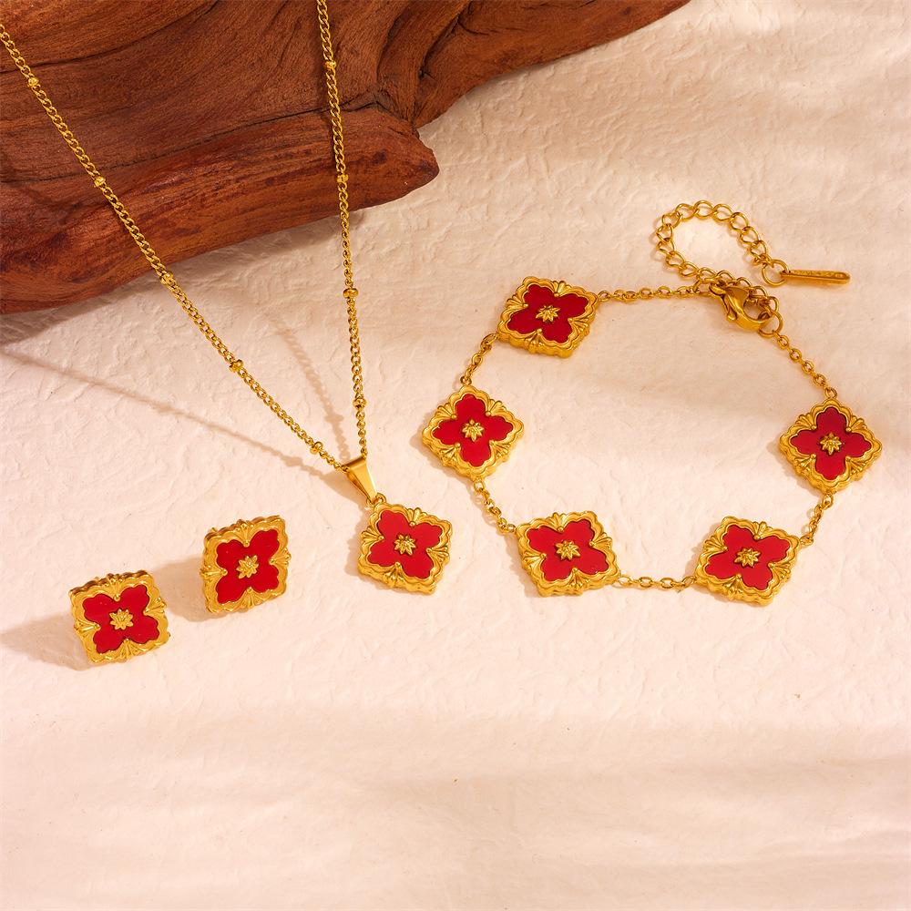 3PCS Titanium Steel 18K Color Preserved Necklace Clover Bracelet Necklace Earnail Set