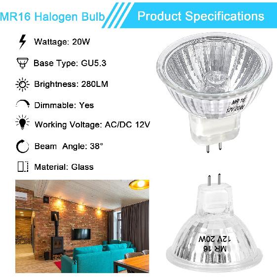 MR16 Halogen Bulb 20W Dimmable 12V GU5.3 Bi Pin Base Spotlight with Long Lifespan, 2700K Warm White MR16 Bulbs with Clear Glass Cover for Landscape,