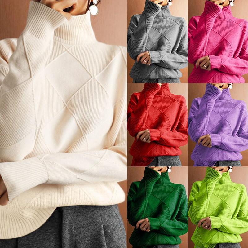 Womens Loose Turtleneck Knit Sweater Casual Warm Solid Color Pullover Fall Winter