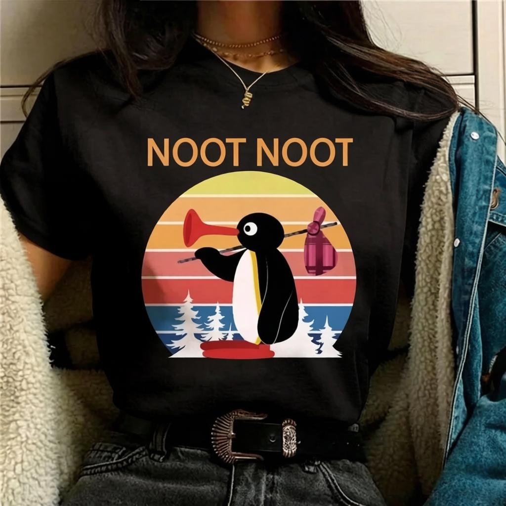 2026 Funny Pingu Print Womens TShirt Unique Casual Cute Street ShortSleeve TShirt Breathable Womens Top Kawaii Clothing