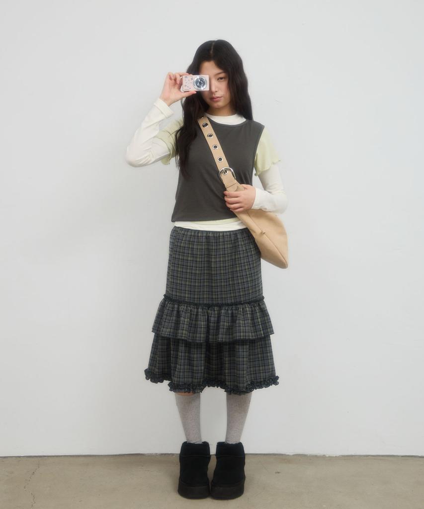 Leteoli Check Cancan Midi Skirt_Green