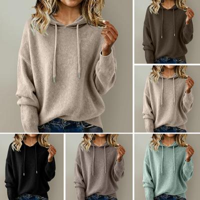 Женский свитер с капюшоном, регулируемым шнурком, с длинными рукавами, свободного кроя, вязаный топ, пуловер, для осени и зимы