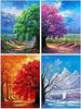 Fokenzary Diamond Painting Kit for Adults, DIY 5D Diamond Art Set for Beginners, Four Seasons Tree Living Room, Kids Room, 4 Wall Art Panels