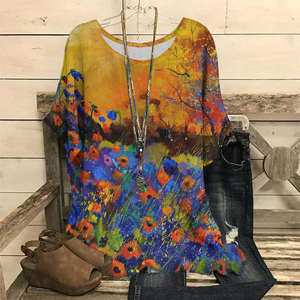 Женские футболки с круглым вырезом, ретро-цветочные принты, повседневные пуловеры, свободные футболки с короткими рукавами, женская модная одежда на лето