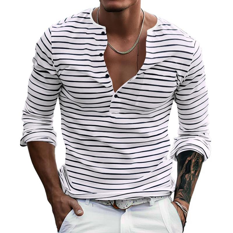 Men's Versatile T Shirt Autumn and Winter Base Long Sleeved Henry Shirt Casual Horizontal Striped Henry T-shirt