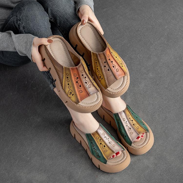 Genuine Leather Thick Soles Sandals Women Retro Wedges Slides Comfortable Outdoor Platform Slippers