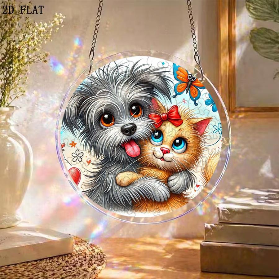 2D Flat, 1set/83pcs 18.8cm Acrylic Jigsaw Acrylic Puzzle, Designed As a Cat And Dog Companion Sunshine Catcher, Acrylic Window Hanging Decoration, Sui