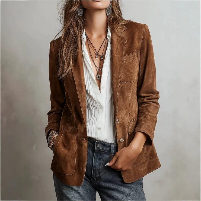 Vintage Casual Contrast Stitch Ring Jacket Womens Solid Color Blazer Collar Mid-Length Coat
