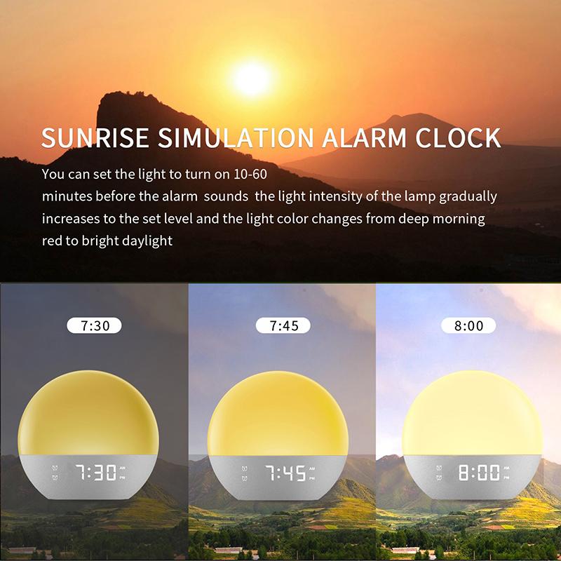Wake Up Light Alarm Clock Sunrise/Sunset Simulation FM Radio Color Night Light White Noise Machine Bedside Clock for Home Decor