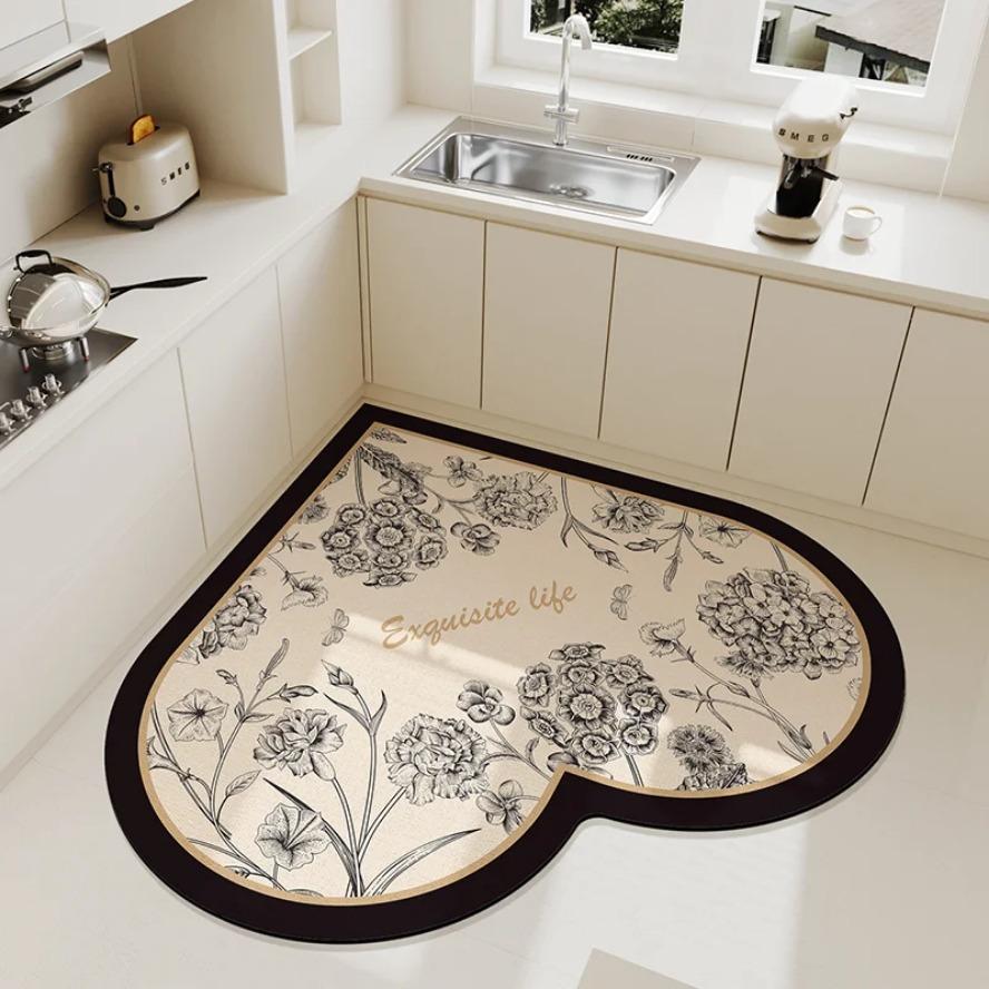 Creative Beige Heart Pattern Kitchen Floor Mat Cream Style Irregular Decoration Home Carpet Easy To Clean Easy Care PVC Foot Mat