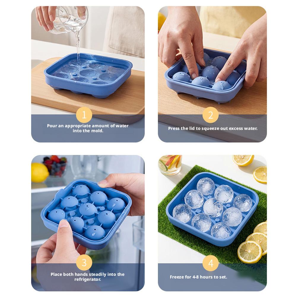 3D Football Shape Silicone Ice Cube Mold,9 Grid Reusable Ice Ball Maker with Lid for Whiskey Cocktail Drinks,Camping ice cube