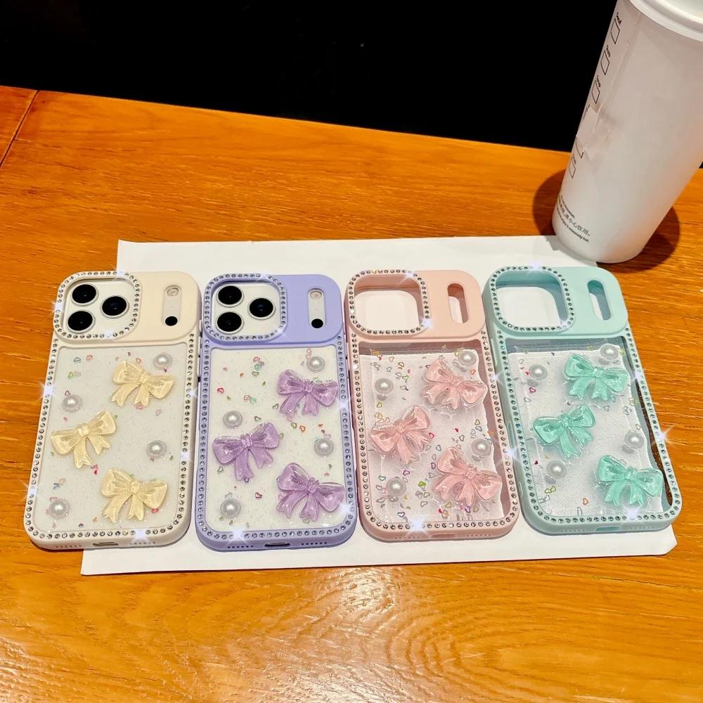 Блестящий бриллиант 3D жемчужный бант чехол для телефона для iPhone 17 AIR 16 15 14 13 Pro Max 17pro Гальваническое покрытие ТПУ Эпоксидная смола Противоударный Прозрачный чехол