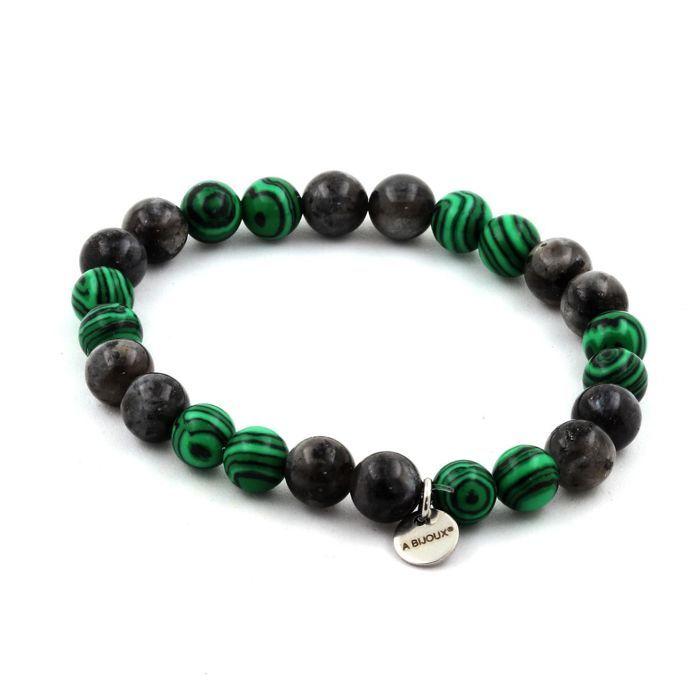 Stones and Minerals. Labradorite + Malachite Beaded Bracelet 8 Mm. Made In France.