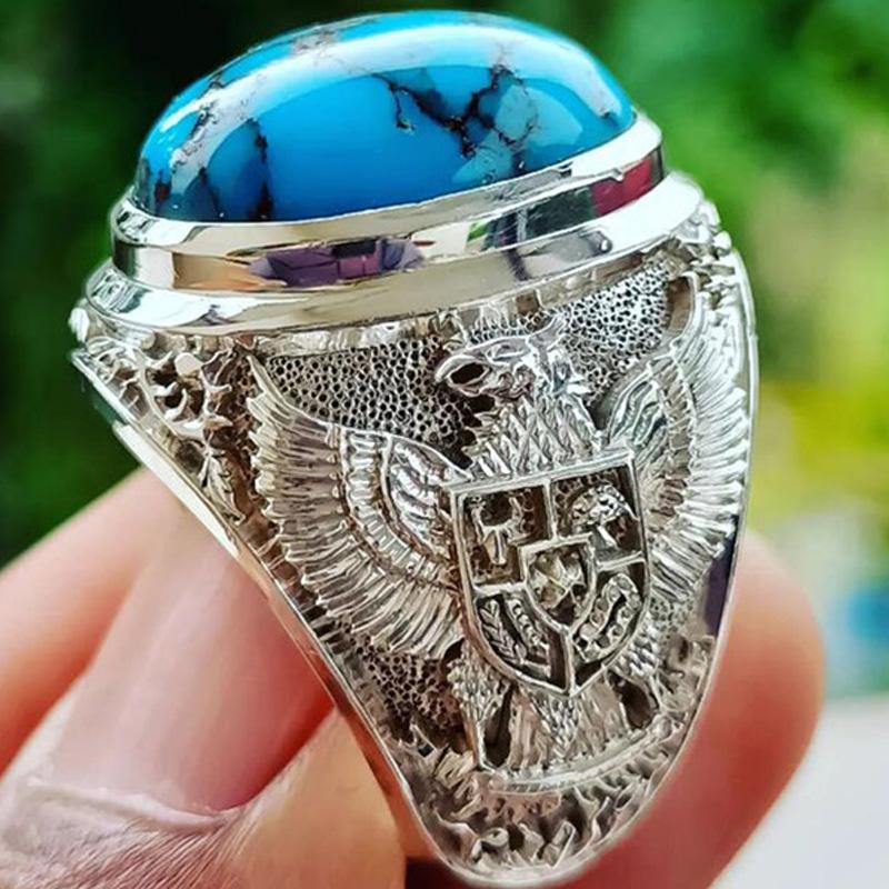 Винтажные круглые инкрустированные синим камнем кольца модные серебряные металлические кольца ручной работы с орлом в стиле панк ювелирные изделия
