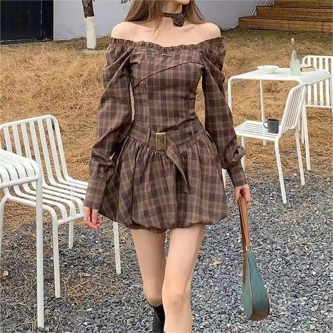 Модное женское мини-платье в клетку с квадратным вырезом, элегантное платье трапециевидной формы с длинным рукавом, новое весеннее короткое платье с разрезом на шее