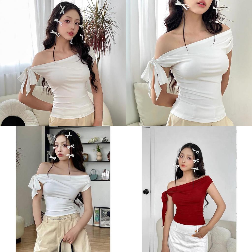 Minimalist Off Shoulder T Shirt For Women With Asymmetric Design And Polyester Fabric
