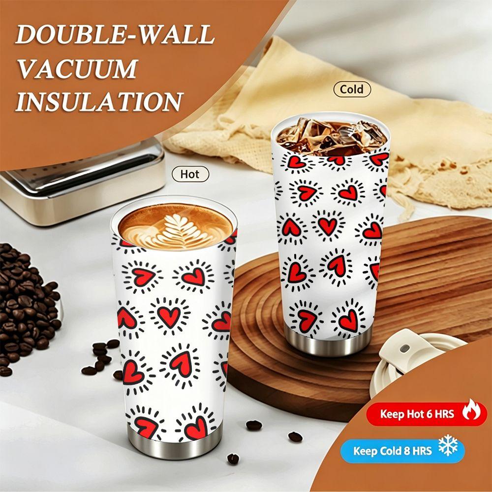 Cute Hand Drawn Red Hearts Print Insulated Coffee Tumbler, Stainless Steel Vacuum Travel Mug for Hot and Cold Drinks, Daily Gift