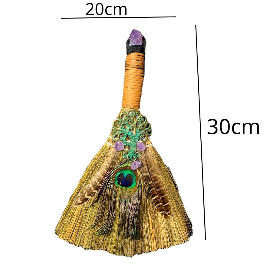 Big Broom Natural Amethyst Life Tree Halloween Peacock Feather Eye Altar Ornament Witch Mini Broom Home Decoration Handicrafts