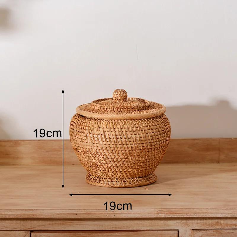 Handwoven Rattan Storage Box with Lid Tea Food Container Kongfu Tea Set Bread Fruit Basket with Lid Puer Tea Bag Organizer