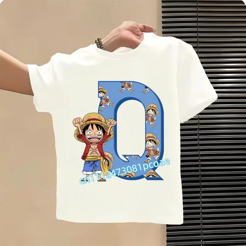 One Piece letter AZ childrens pure cotton shortsleeved boys sports shirtgirls casual top with cartoon printsummer Tshirt