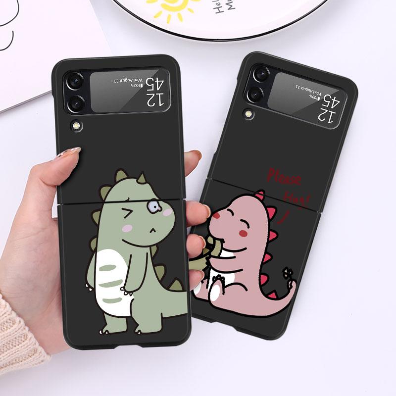 Милый роскошный чехол с изображением маленького динозавра для Samsung Galaxy Z Flip 3 4 5G Funda ZFlip 3, черный ПК с жесткой задней панелью для телефона