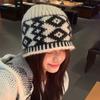 Diamond-shaped versatile bucket hat, cold-proof knitted wool hat, niche pullover hat, fisherman hat with vintage jacquard design