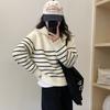 Autumn and Winter New Casual Simple Striped Knitted Sweater Top Women's Fashion Versatile Lapel Pullover Sweater