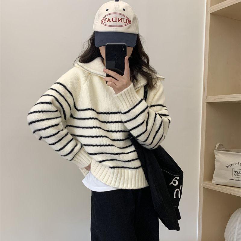 Autumn and Winter New Casual Simple Striped Knitted Sweater Top Women's Fashion Versatile Lapel Pullover Sweater