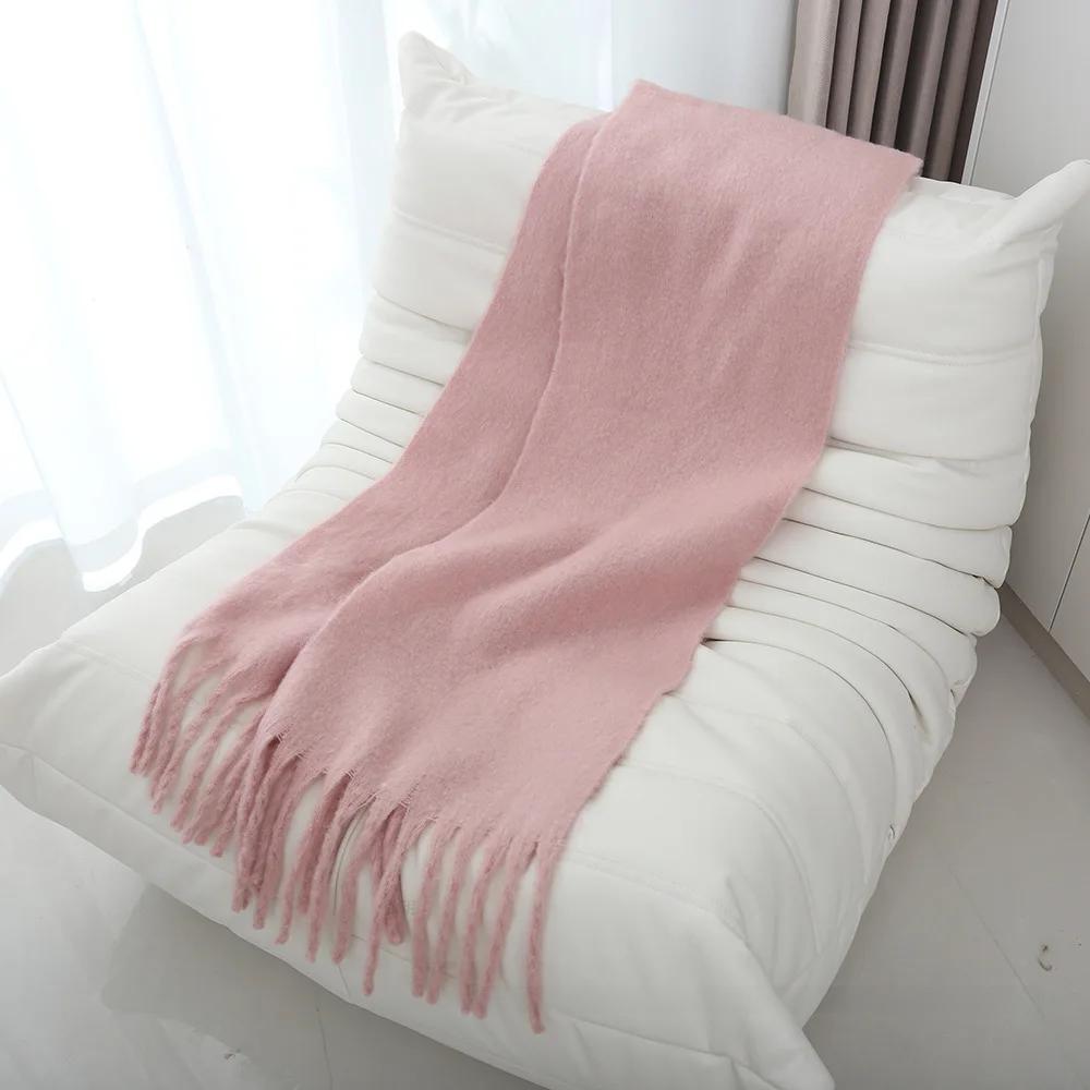 Thickened Extended Solid Color Scarf Women's Autumn Winter Korean Style Angora Student Shoulder Wrap Neck Warmer Pink Macaron