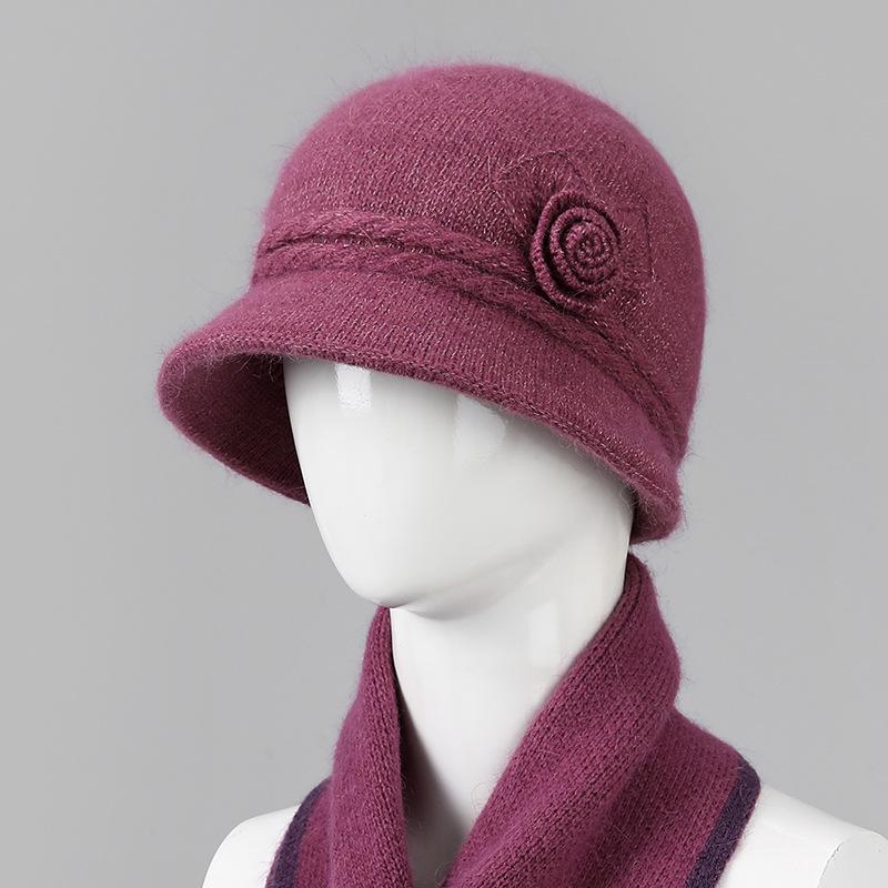 In the elderly autumn and winter hat women's solid color elegant flower mother hat thickened rabbit hair warm knitted wool hat