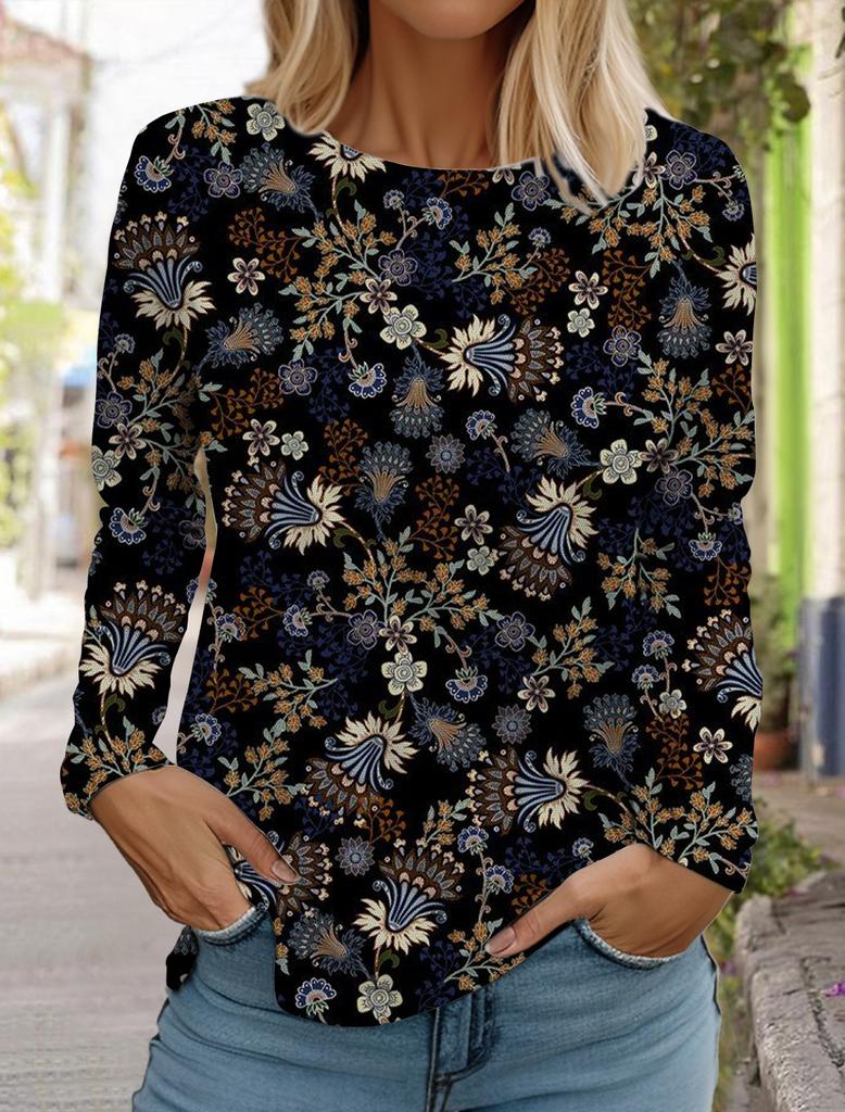 2024 Женские гавайские ретро-модные топы с длинным рукавом и круглым вырезом, повседневная футболка с длинным рукавом, дизайнерская новинка