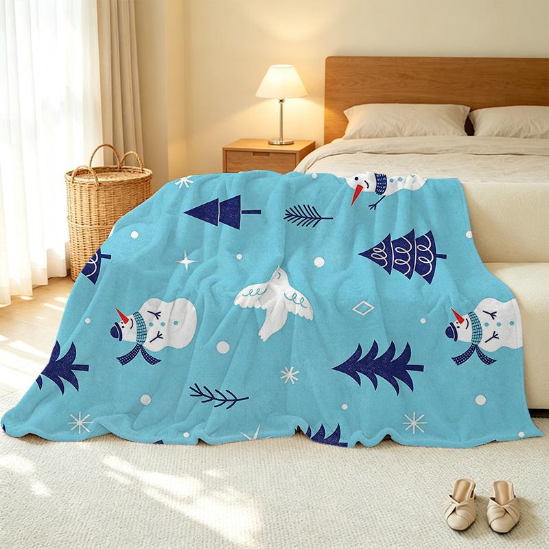 Christmas Theme Flannel Blanket - Thick Warm Soft, Cozy Home/Guest Room Single Blanket with Snowman & Christmas Tree Design