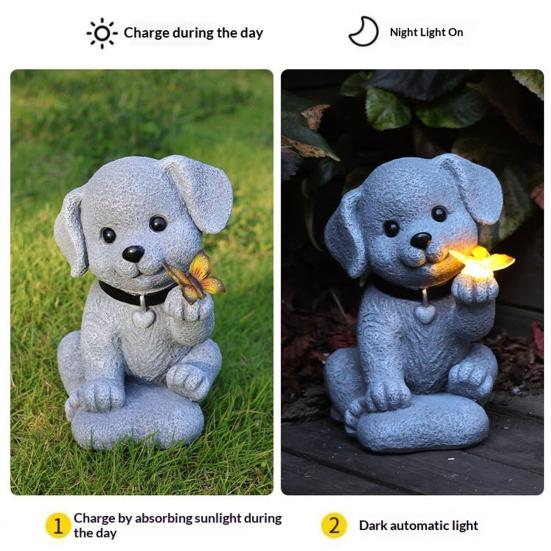 Garden Dog Statue with Solar Butterfly Light Small Resin Puppy Sculpture Outdoor Waterproof Solar Powered Animal Figurine for Yard Patio