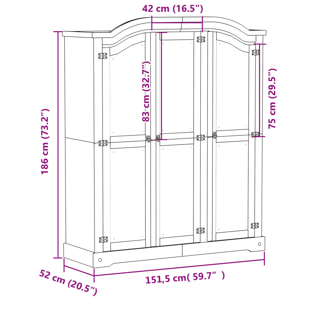 Corona White Wardrobe 151.5 x 52 x 186 cm Solid Pine Wood