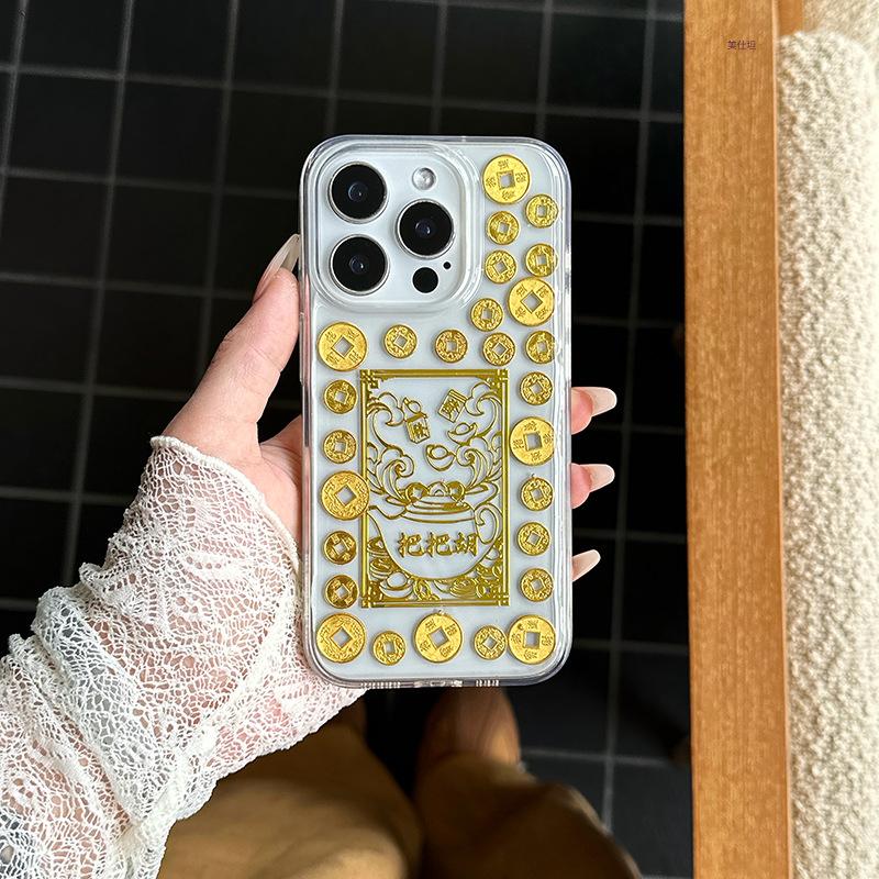 Подходит для чехла на мобильный телефон Apple 16promax, Эпоксидный золотой лист iPhone15 Бог Богатства 14 Shunfeng 13 Shunshui 12 Прозрачный