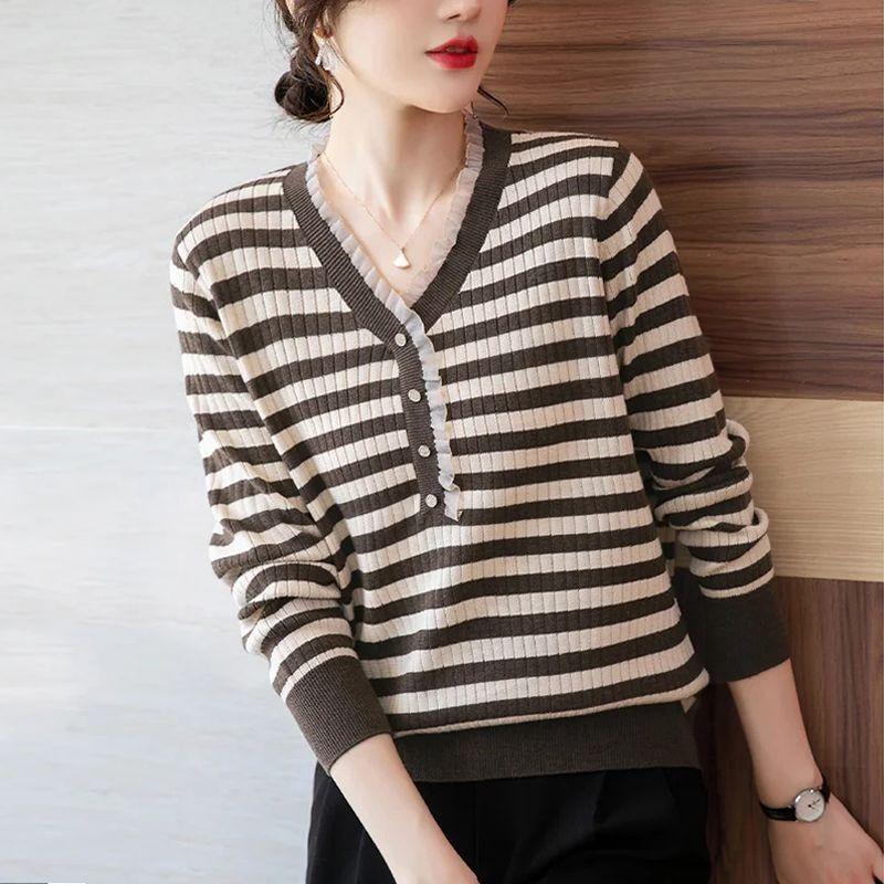 New Autumn and Winter Long-sleeved V-neck Sweater Stylish and Loose Slim Striped Sweater for Middle-aged Women