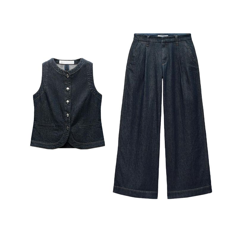 Spring and Summer New Round Neck Denim Silm Vest 3777021 Pleated Mid Waist Wide Leg Denim 3777023