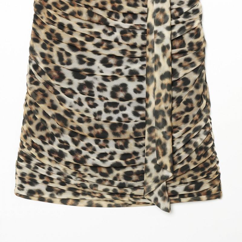 Animal Print Scarf Decorated Mini Dress Loose Fit V-Neck Sleeveless A-Line Daily Wear