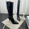 2024 New Winter Women's Pointed Toe High Stiletto Heel Pleated Knee High Boots Women's Mid-Leg Comfortable Zapatos De Mujer