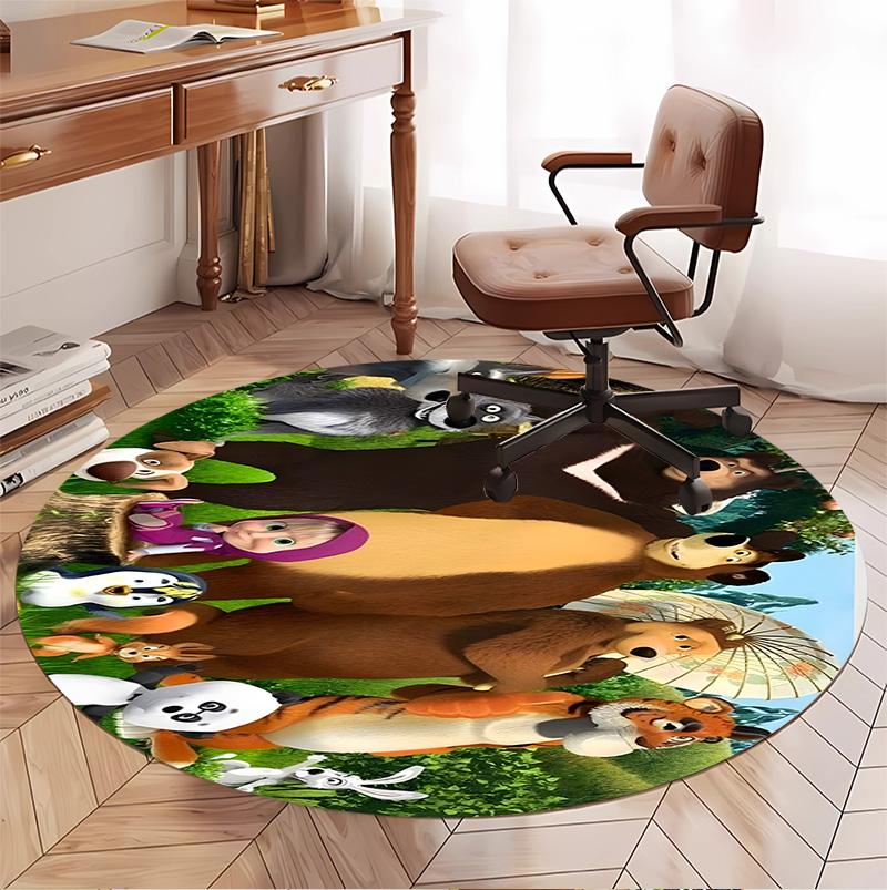 Masha and The Bear Pattern Round Rug, Indoor/Outdoor Mat, for Picnic, Gameroom, Bedroom, Office, Living Room, Home Decor Carpet, Birthday Gift