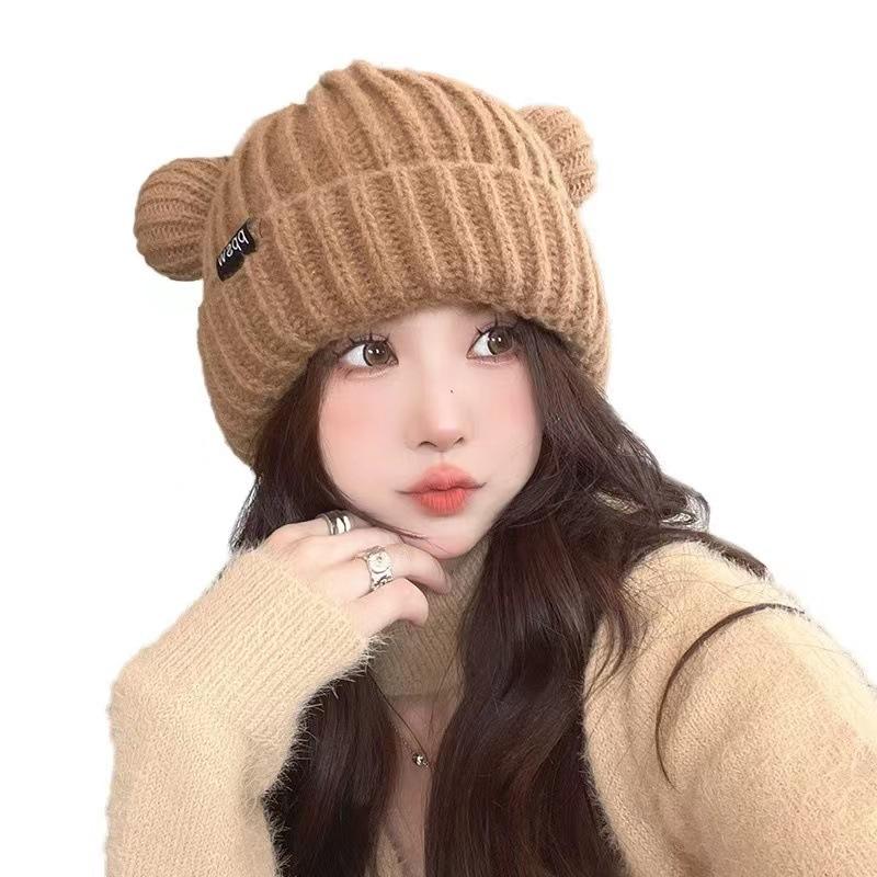 Cute Bear Ears Large Version Loose Wool Hat Female Winter Thickened Warm Versatile Knitted Hat Shows Small Face